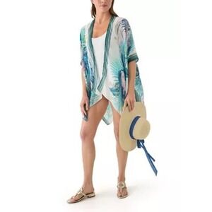 Vince Camuto‎ Tropical Palm Print Kimono Wrap Blue Green Beach Cover Up O/S